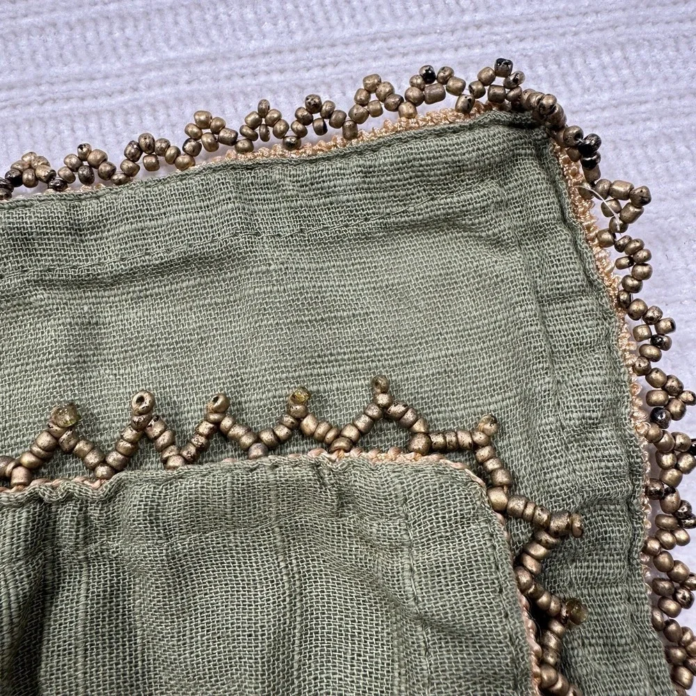 Boho Chic Olive Green Linen Dinner Napkins Antique Gold Glass Seed Bead Trim X5